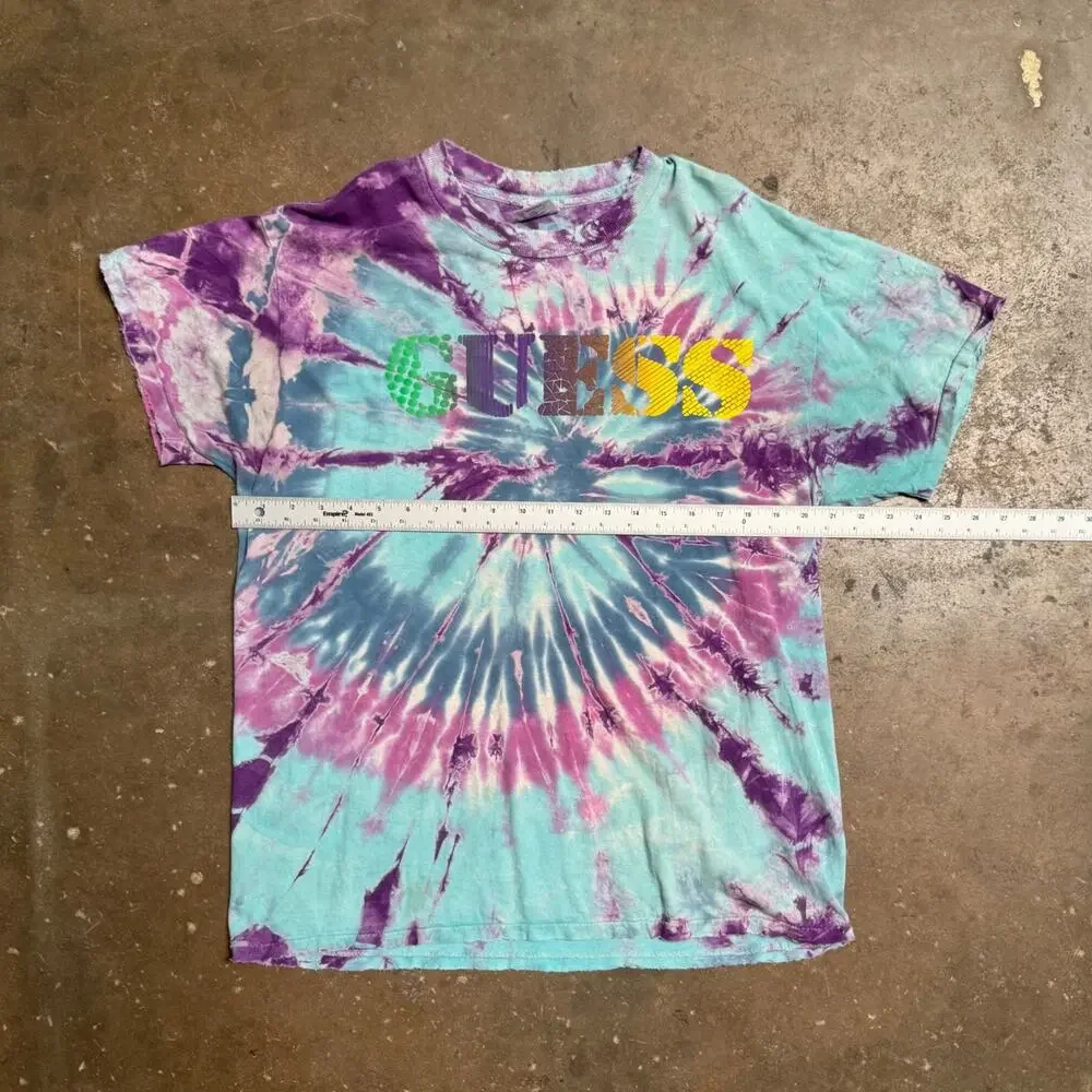 Vtg Tie-Dye GUESS T-Shirt – Multicolor Spiral Graphic Logo Tee – Delta Tag – SzL - Picture 5 of 11